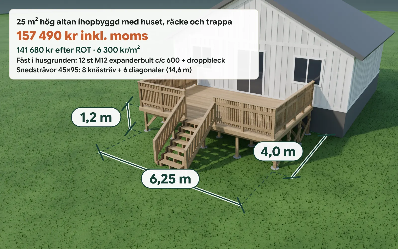 3D-ritning av en hög altan på 25 m² ihopbyggd med huset, med räcke, trappa med sju steg, inklädnad och snedsträvor mellan stolpar och bärlinor.