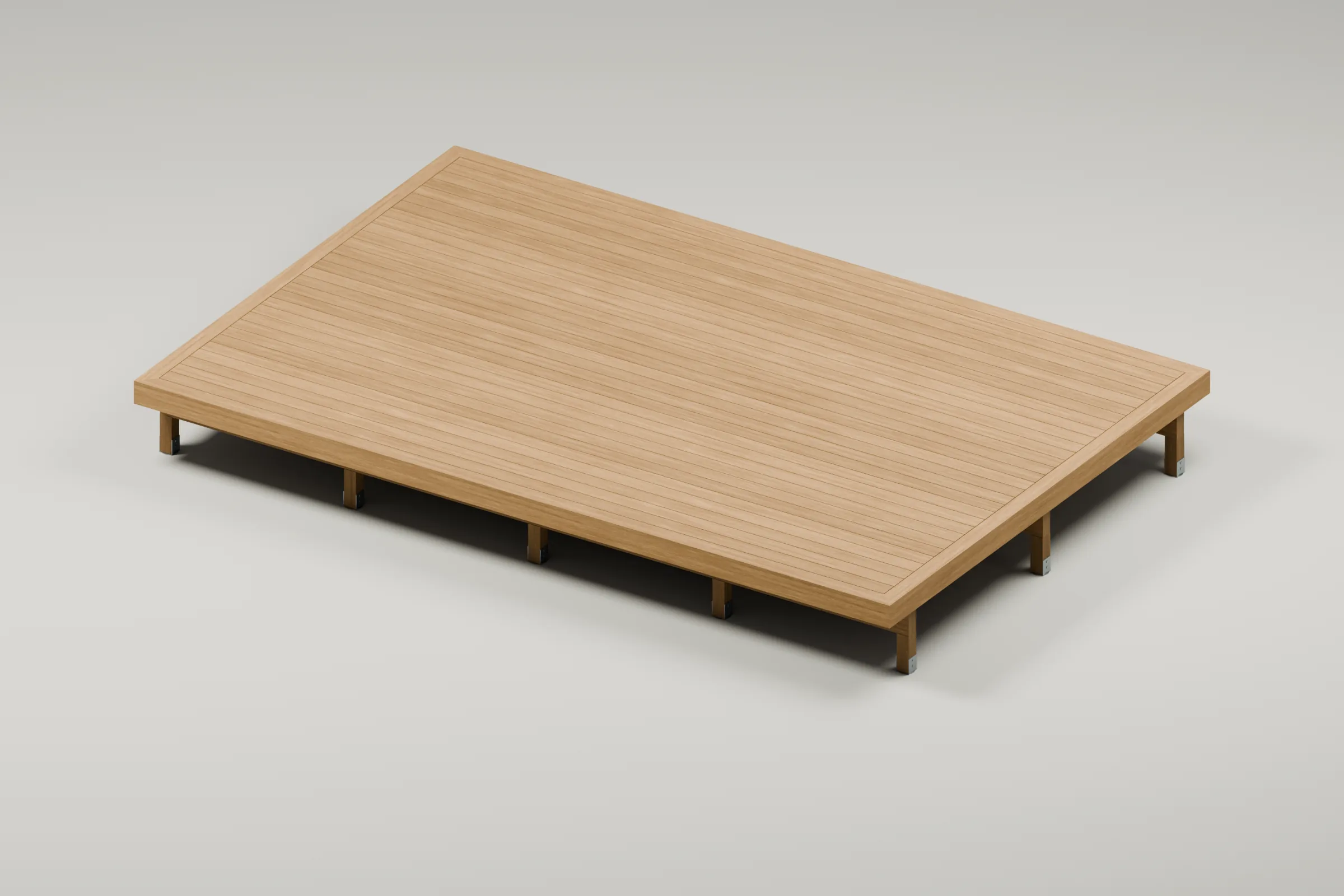 3D-illustration av en fristående träaltan med trall och trästolpar.