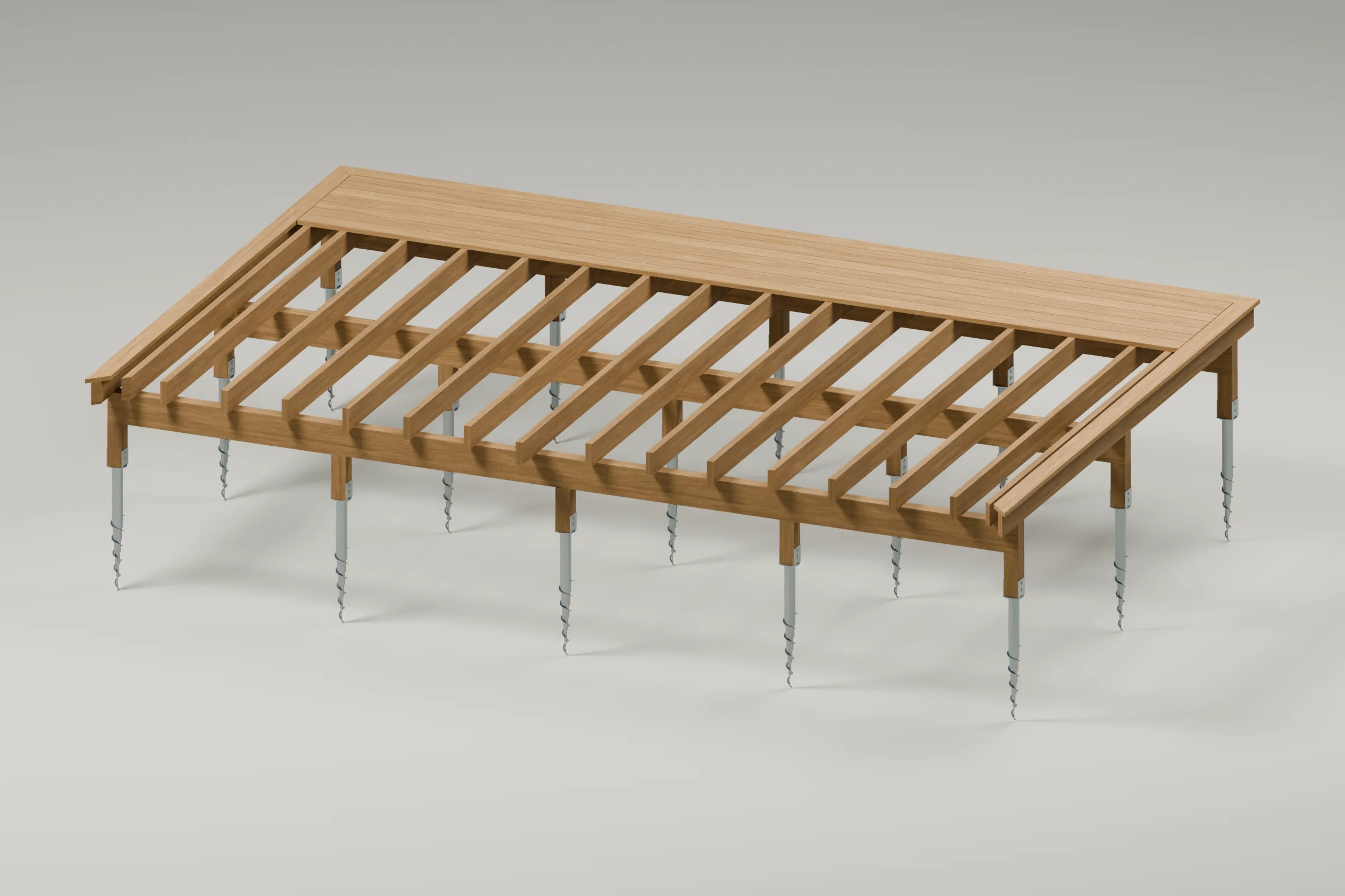 3D-illustration av altanens bärande stomme med delar av trallen borttagna och reglar, stolpar och markskruvar synliga.