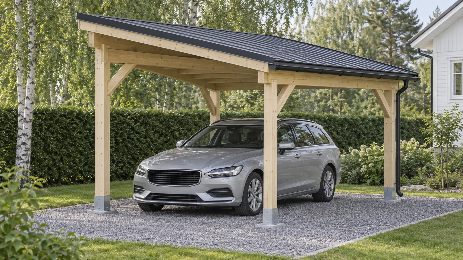 Öppen carport i trä med pulpettak, takränna och plats för en bil.